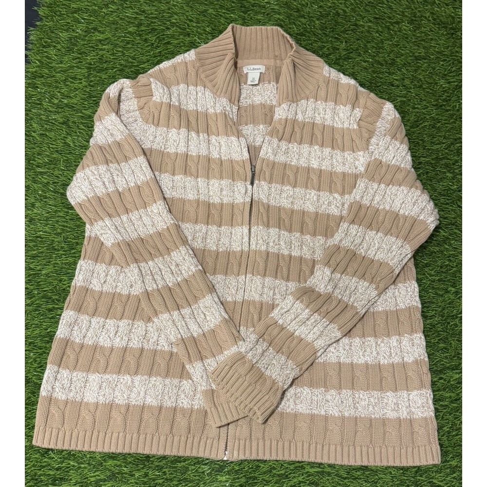 LL Bean Knit Cardigan Extra Large Beige Tan Cotton Full Zip Casual Cable Womens
